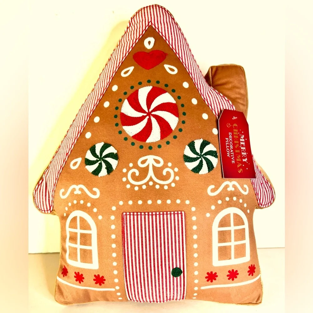 Christmas Gingerbread House Shaped Throw Pillow Cushion Peppermint Candy